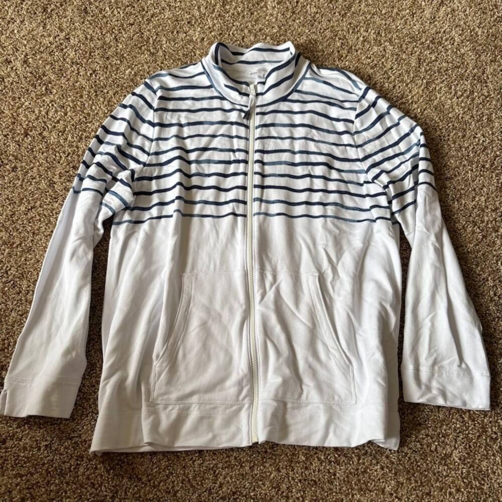 T by Talbots Sweatshirt Full Zip Kangaroo Pocket Long Sleeve White Blue sz XL